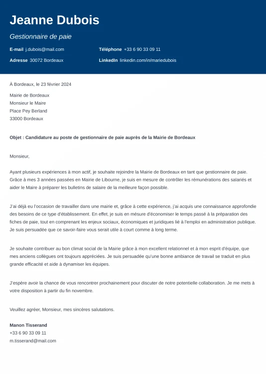 Exemple de lettre faite avec le générateur de Zety