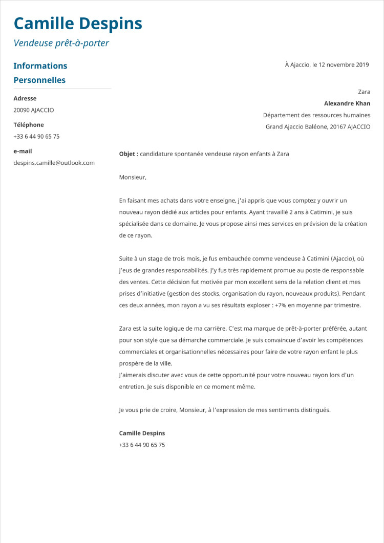 cover letter spontaneous candidature