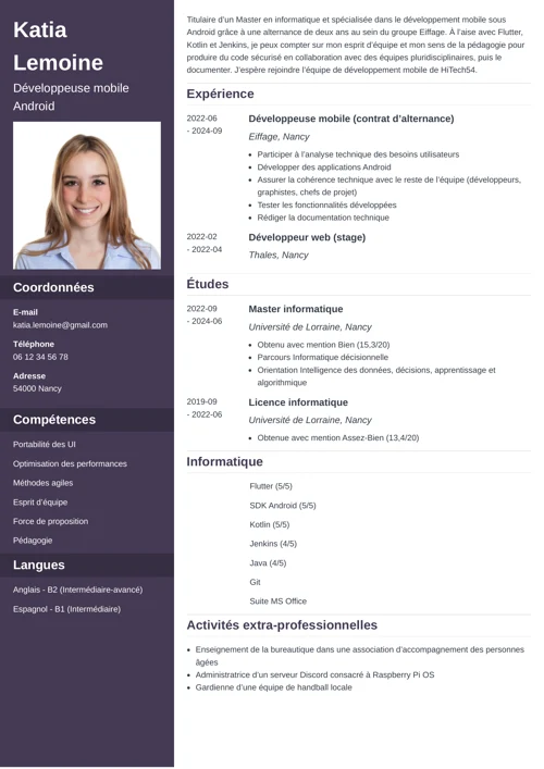 Exemple de CV avec activités extra-professionnelles pour une développeuse mobile Android avec photo et une colonne latérale prune foncé