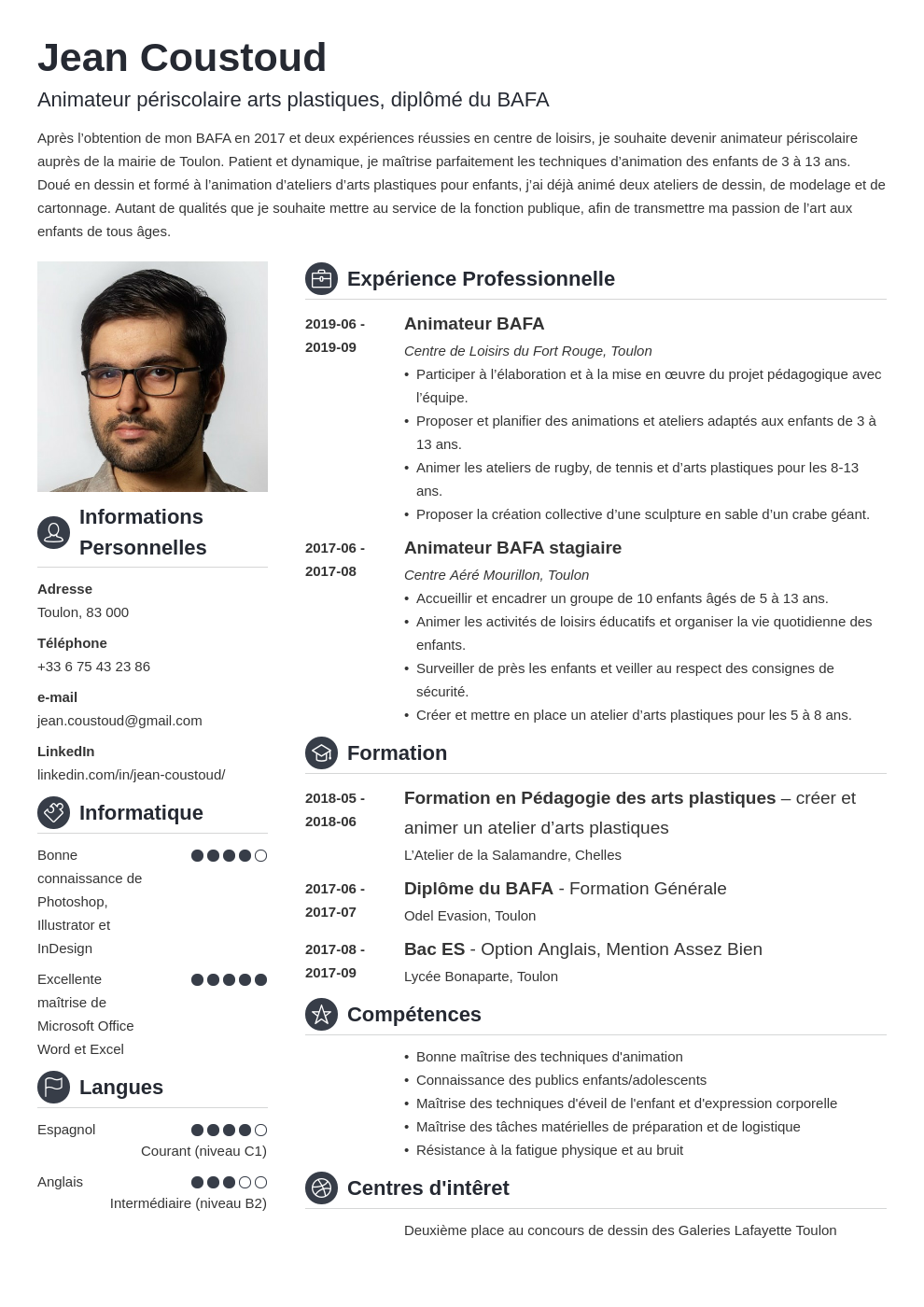 Exemple Cv Animateur Ou Animatrice Bafa Centre De Loisirs