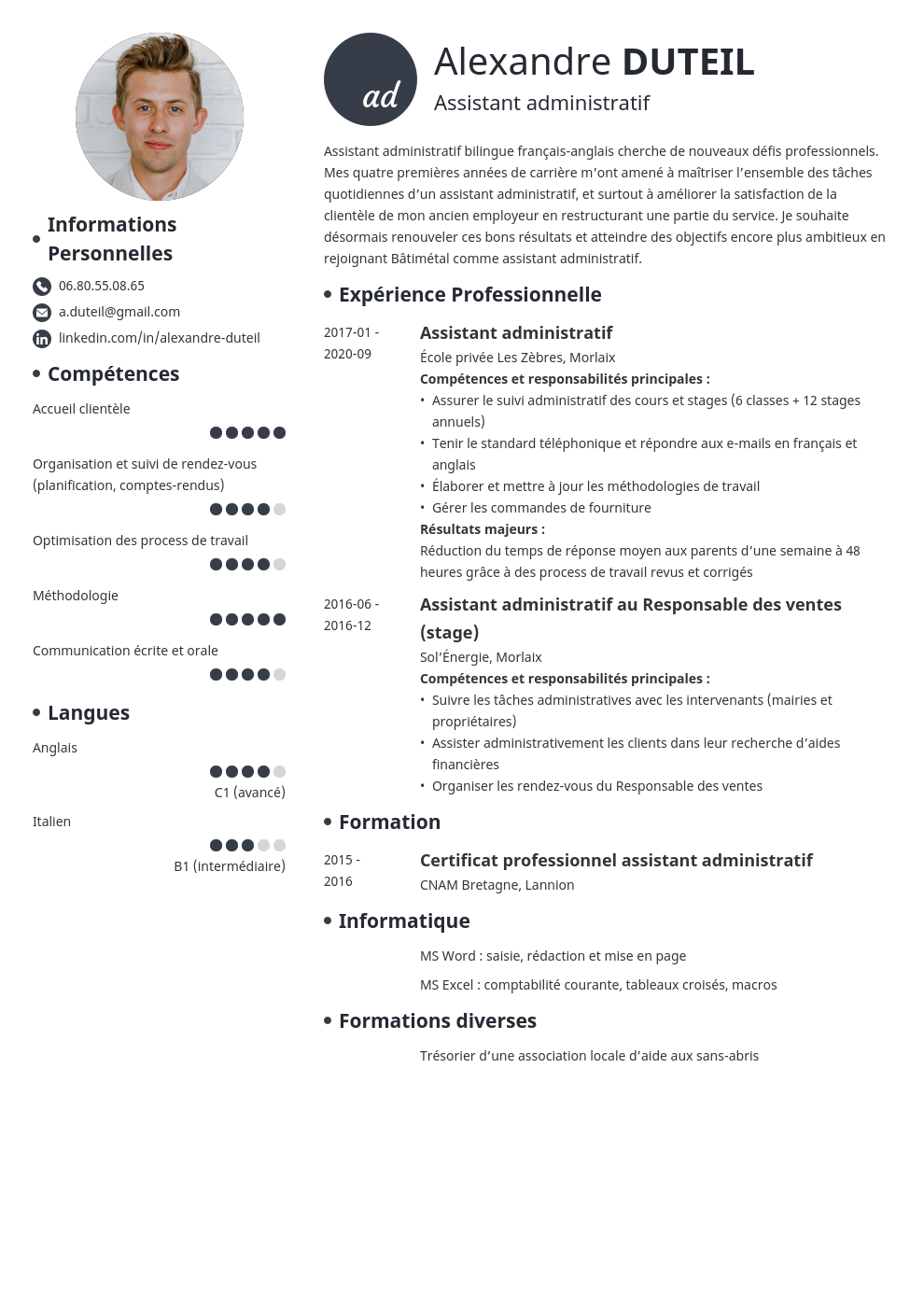 Exemple de CV d'assistant·e ou d'agent administratif·ve