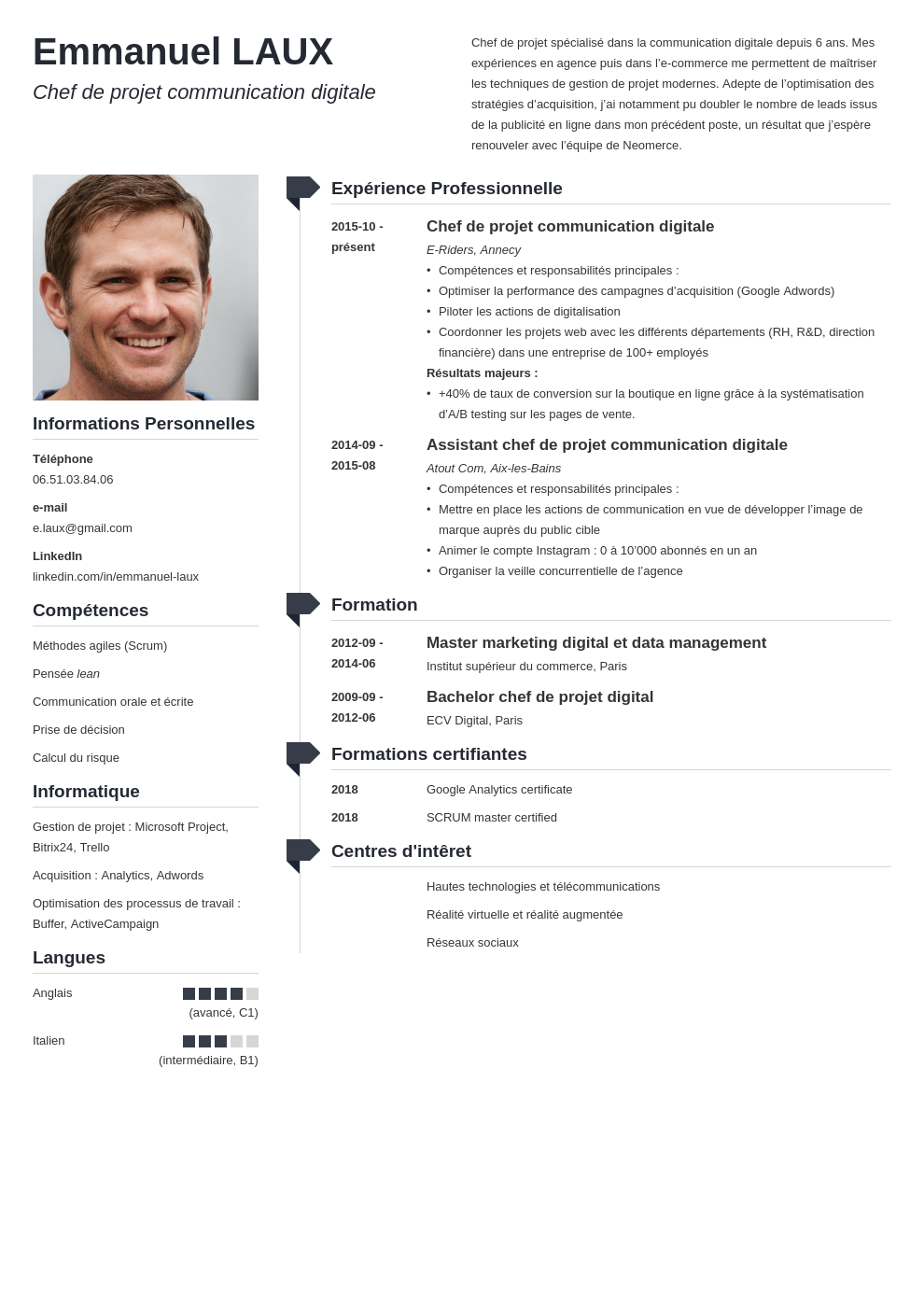 CV chef de projet  exemple chargé de projet (project manager)