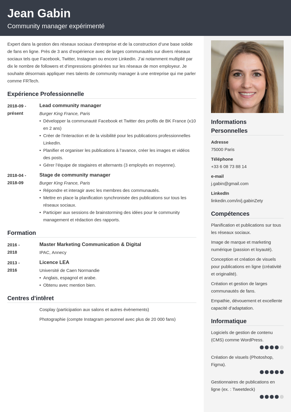 CV français  exemple pour travailler/étudier en France