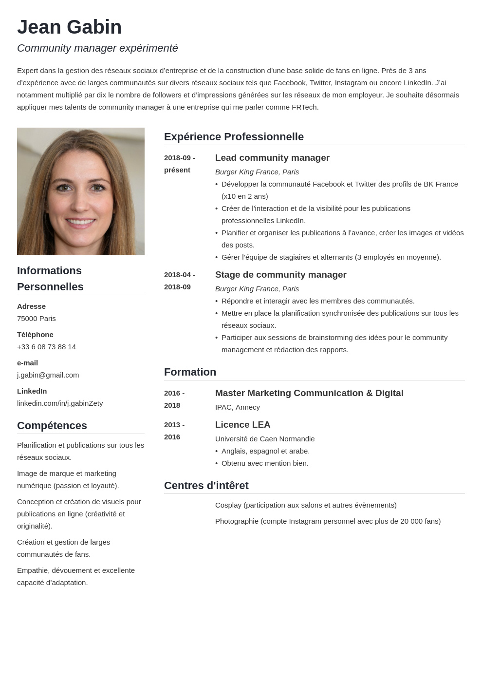 CV français  exemple pour travailler/étudier en France