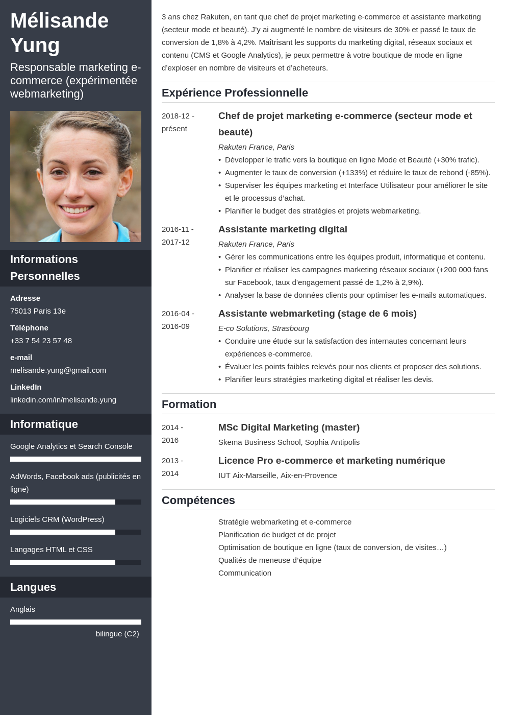 CV marketing  exemple + compétences responsable/assistant