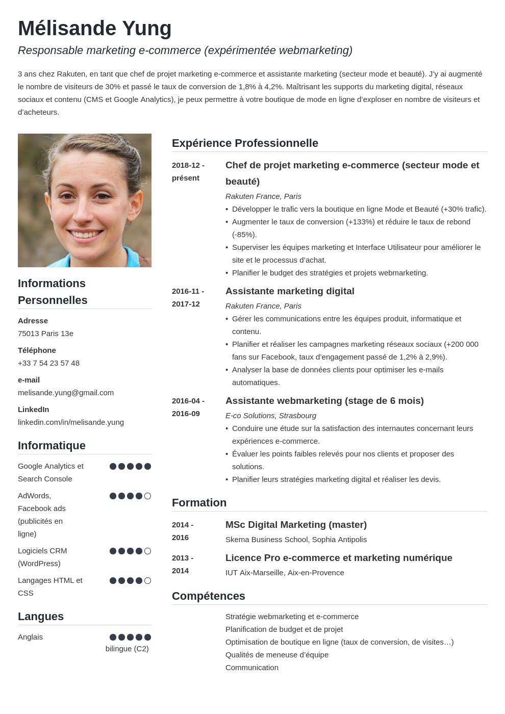 CV marketing  exemple + compétences responsable/assistant