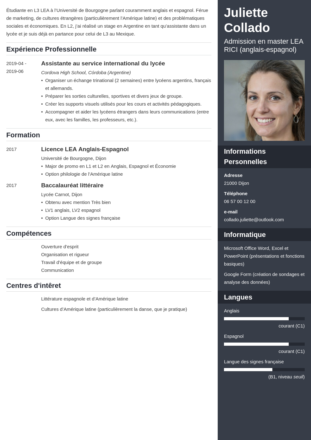 Cv Master Exemple De Cv Pour Candidature En Master 1 2