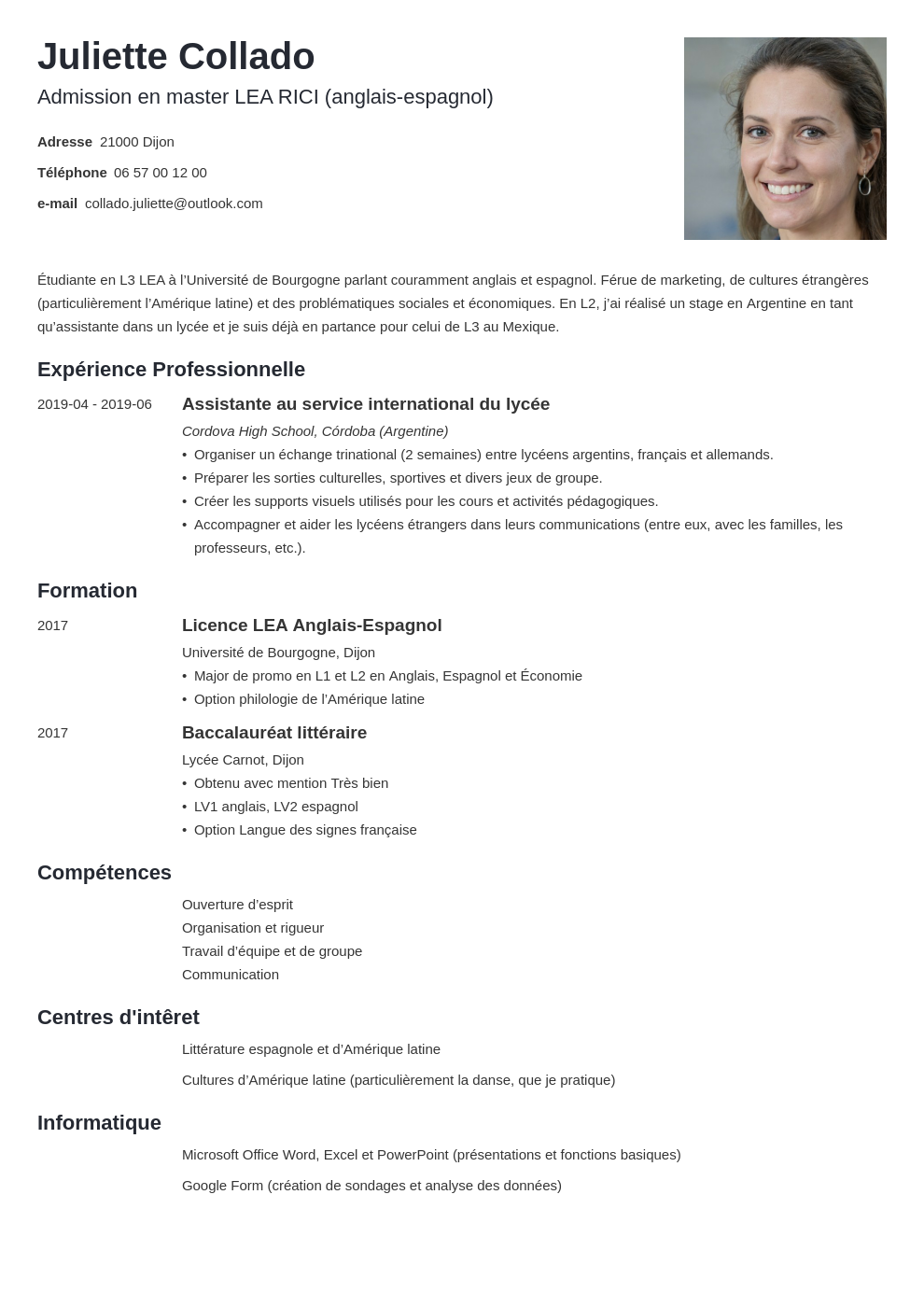 Exemple de CV pour candidature en Master 1 & 2