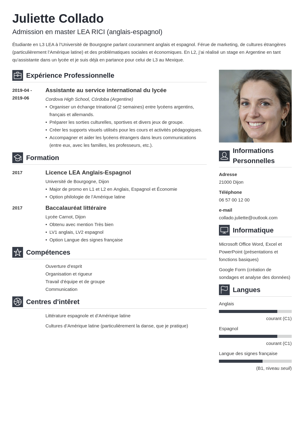 Exemple de CV pour candidature en Master 1 & 2