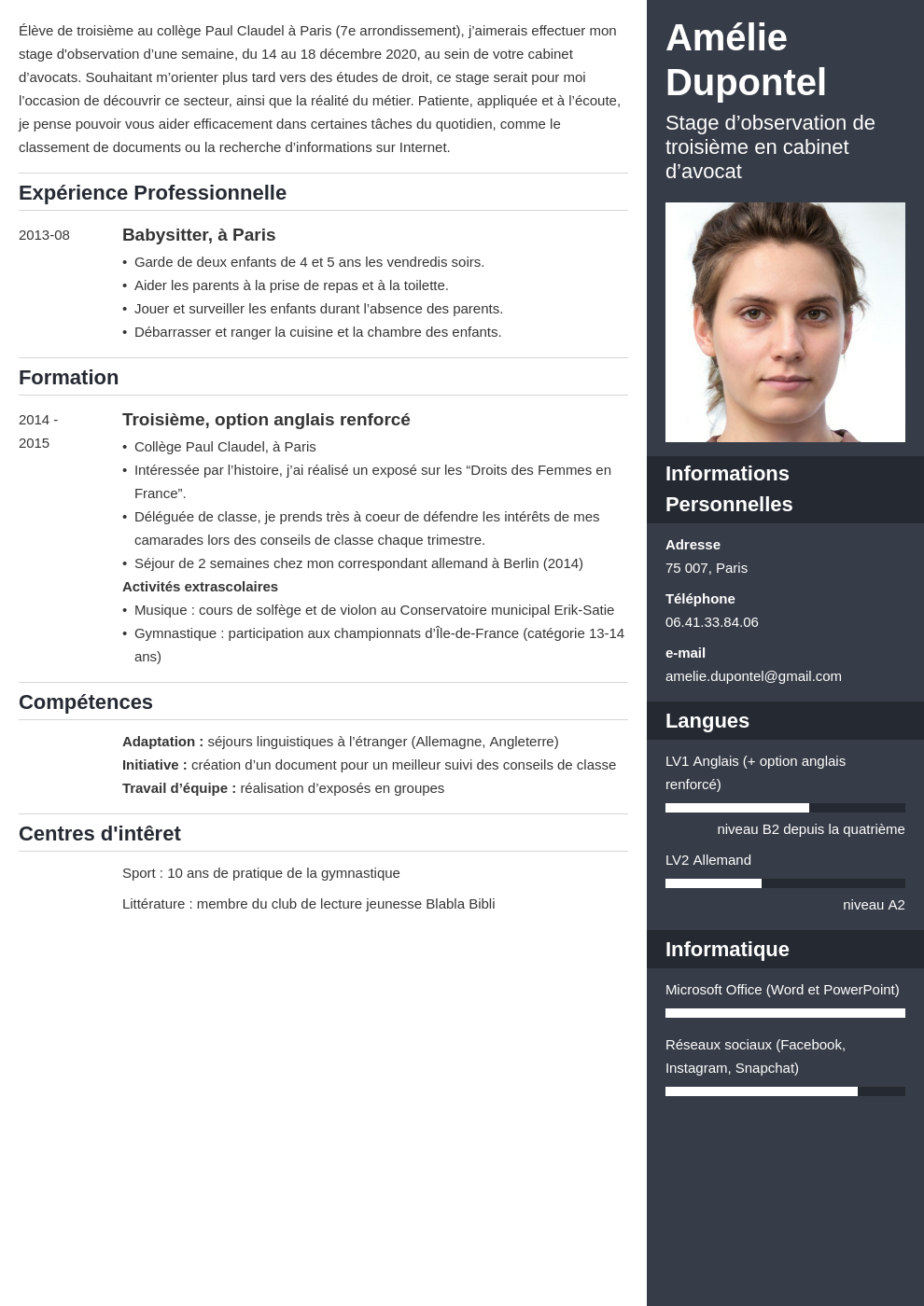 Exemple De Cv Pour Stage De 3 me IDOCTJ