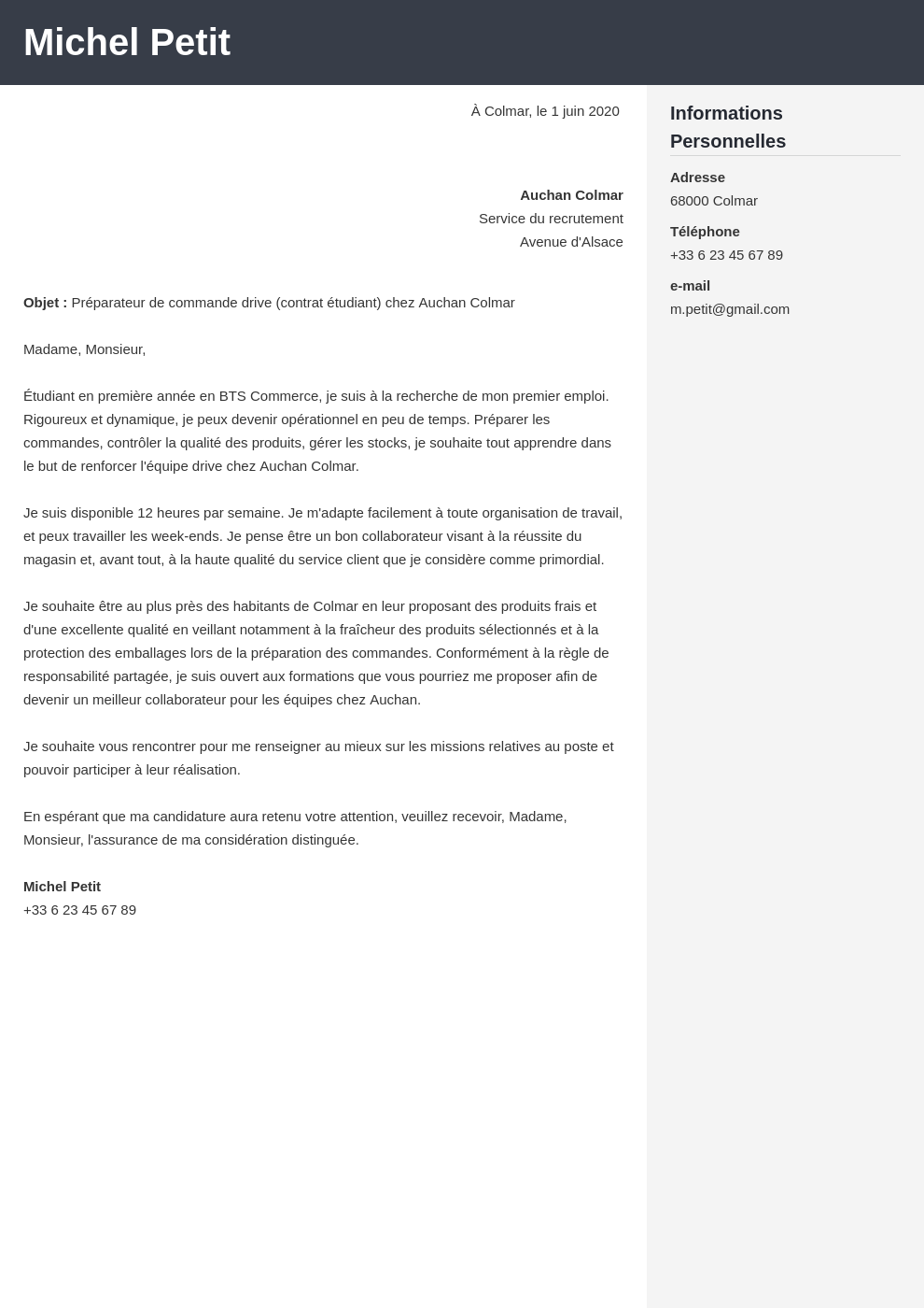 Exemple lettre de motivation Auchan (avec/sans expérience)