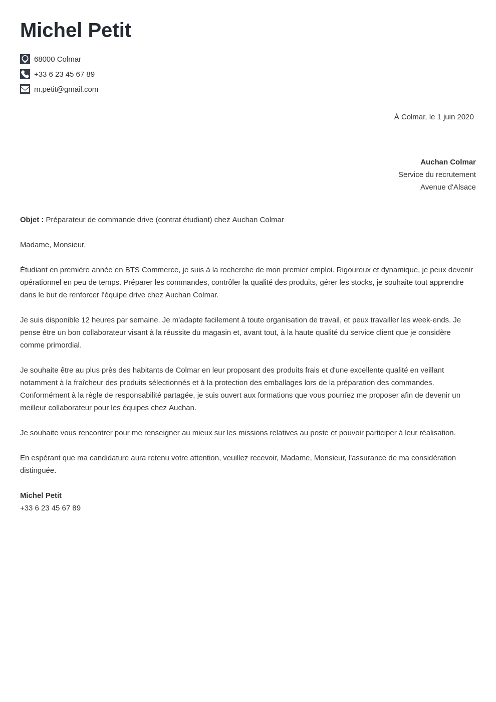 Exemple lettre de motivation Auchan (avec/sans expérience)