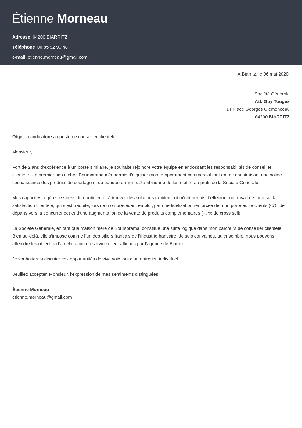 Exemple de lettre de motivation banque (débutant·e à senior)