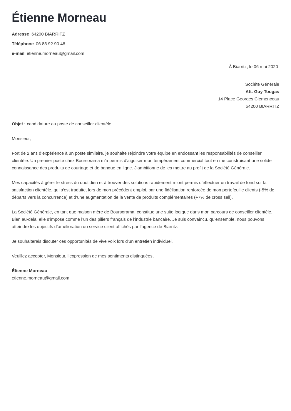 Exemple de lettre de motivation banque (débutant·e à senior)