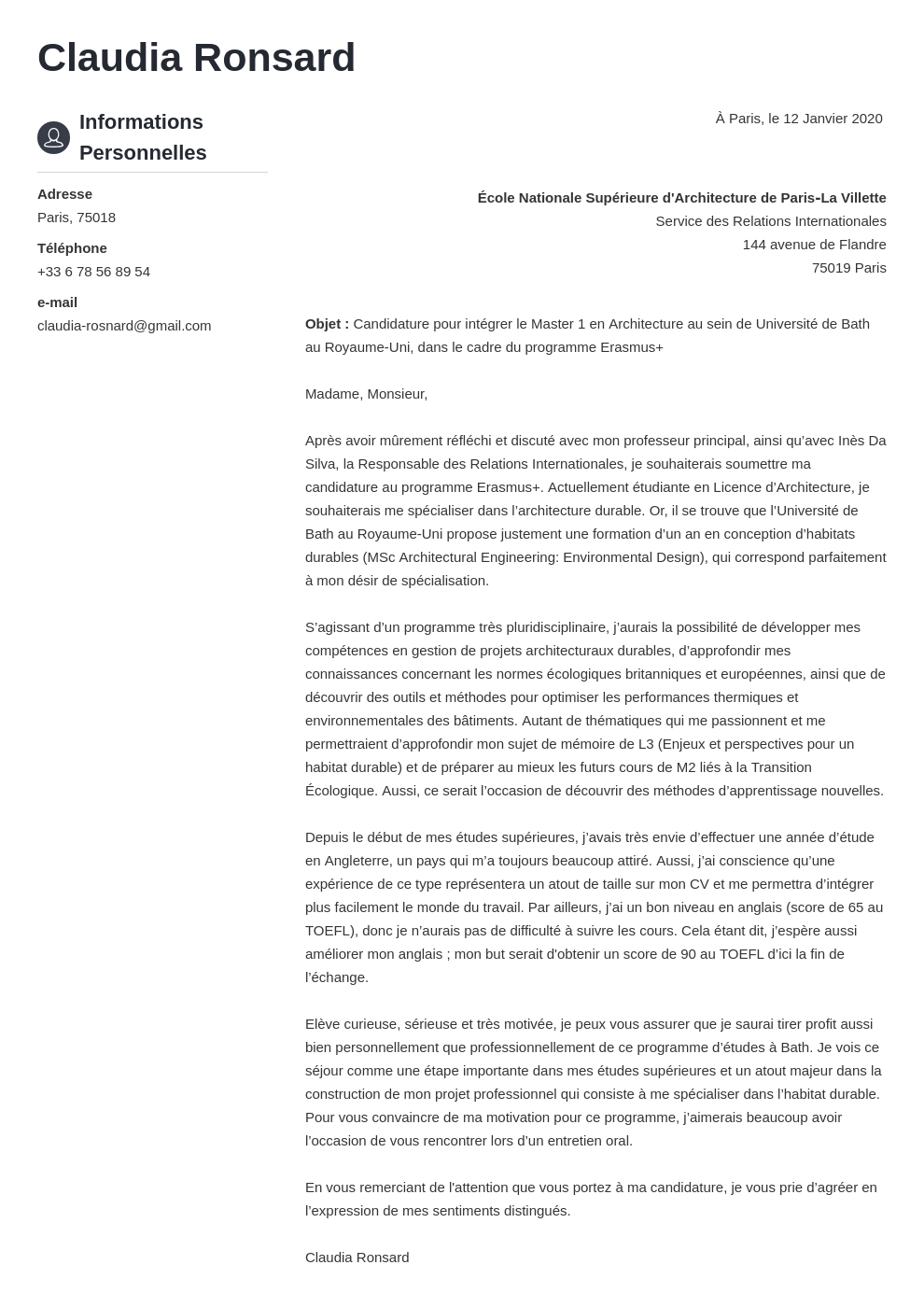 Exemple lettre de motivation Erasmus (mobilité à l'étranger)