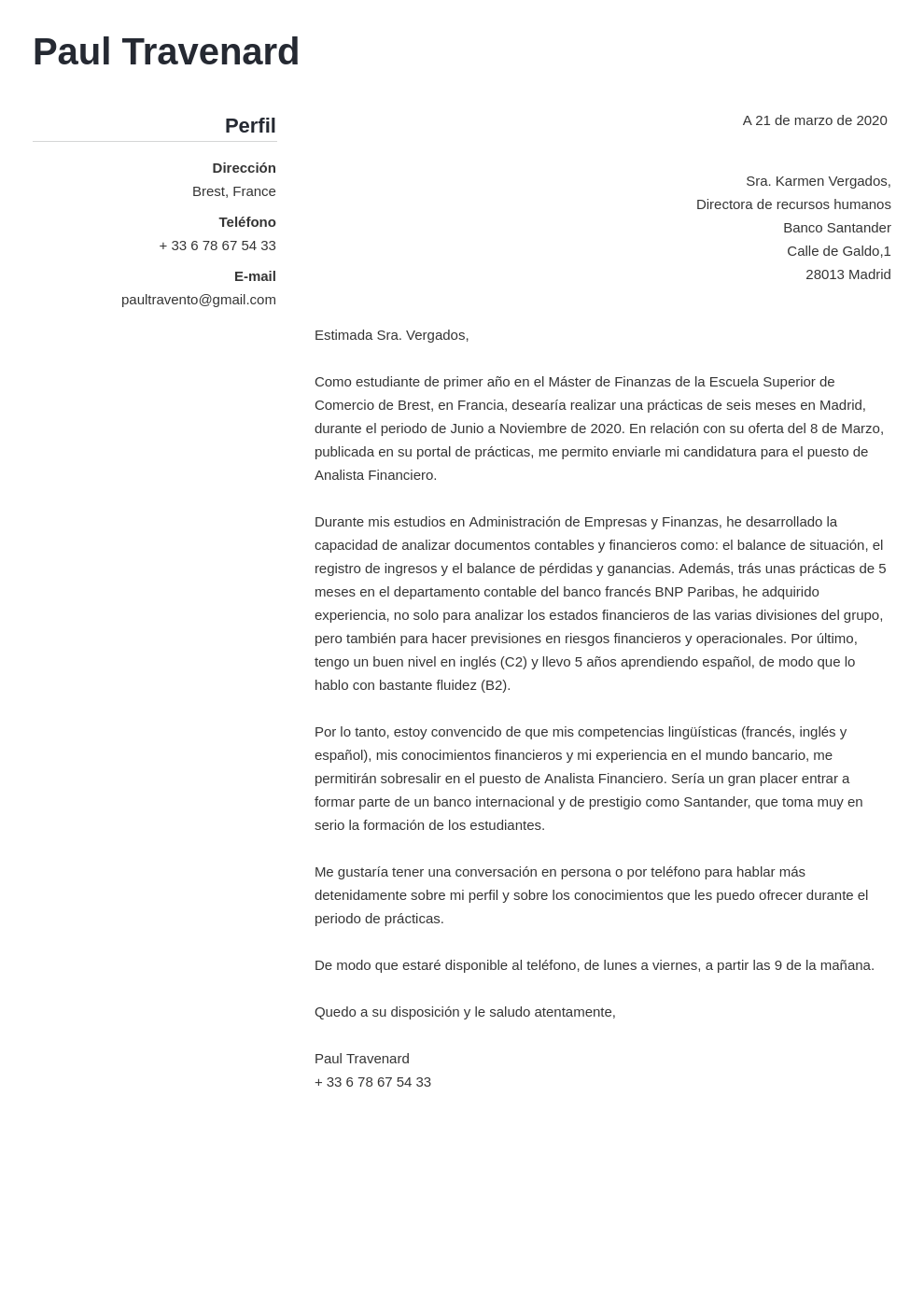 Exemple de lettre de motivation espagnole (travail/études)