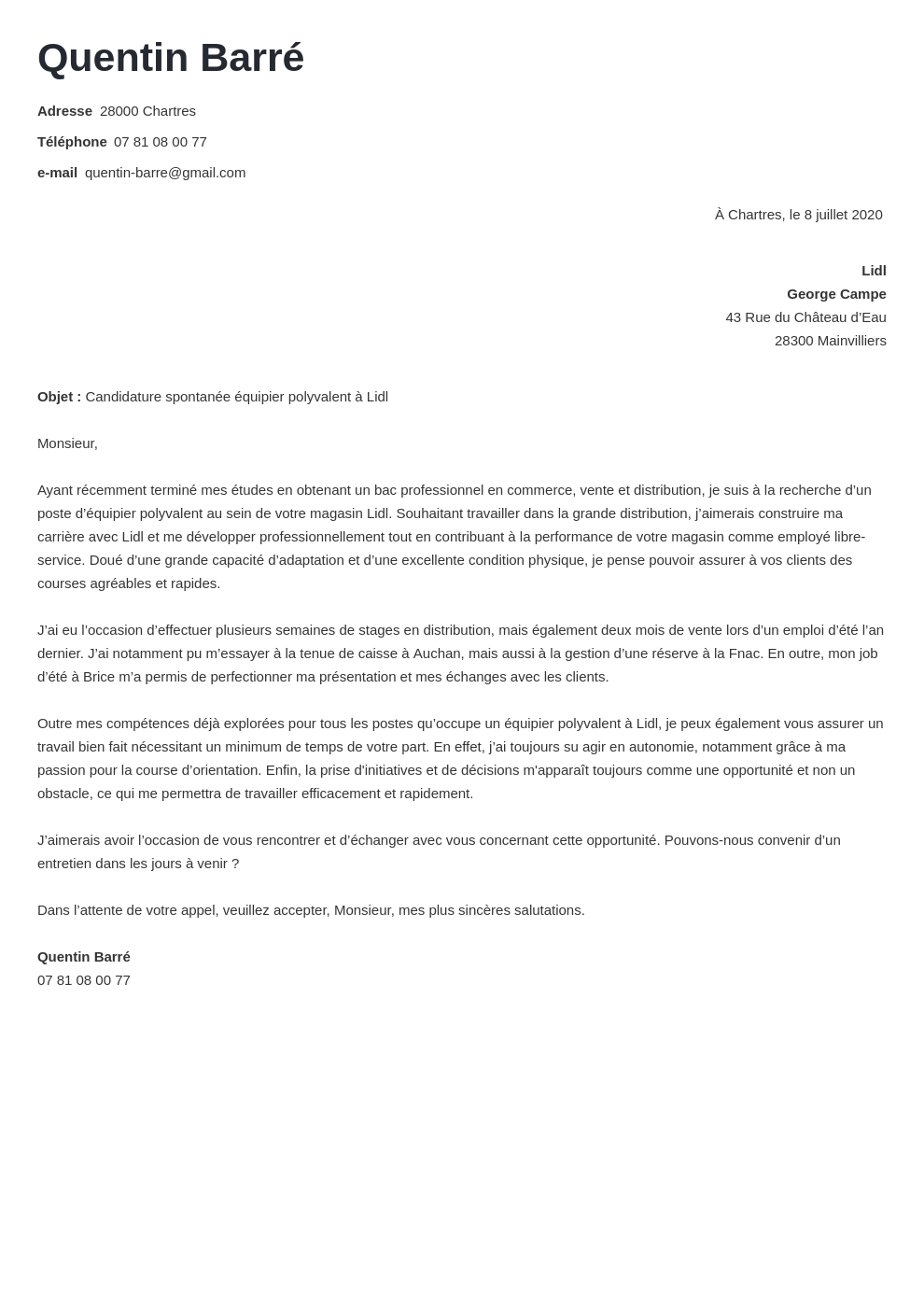 Lettre de motivation Lidl pour devenir équipier·e polyvalent·e