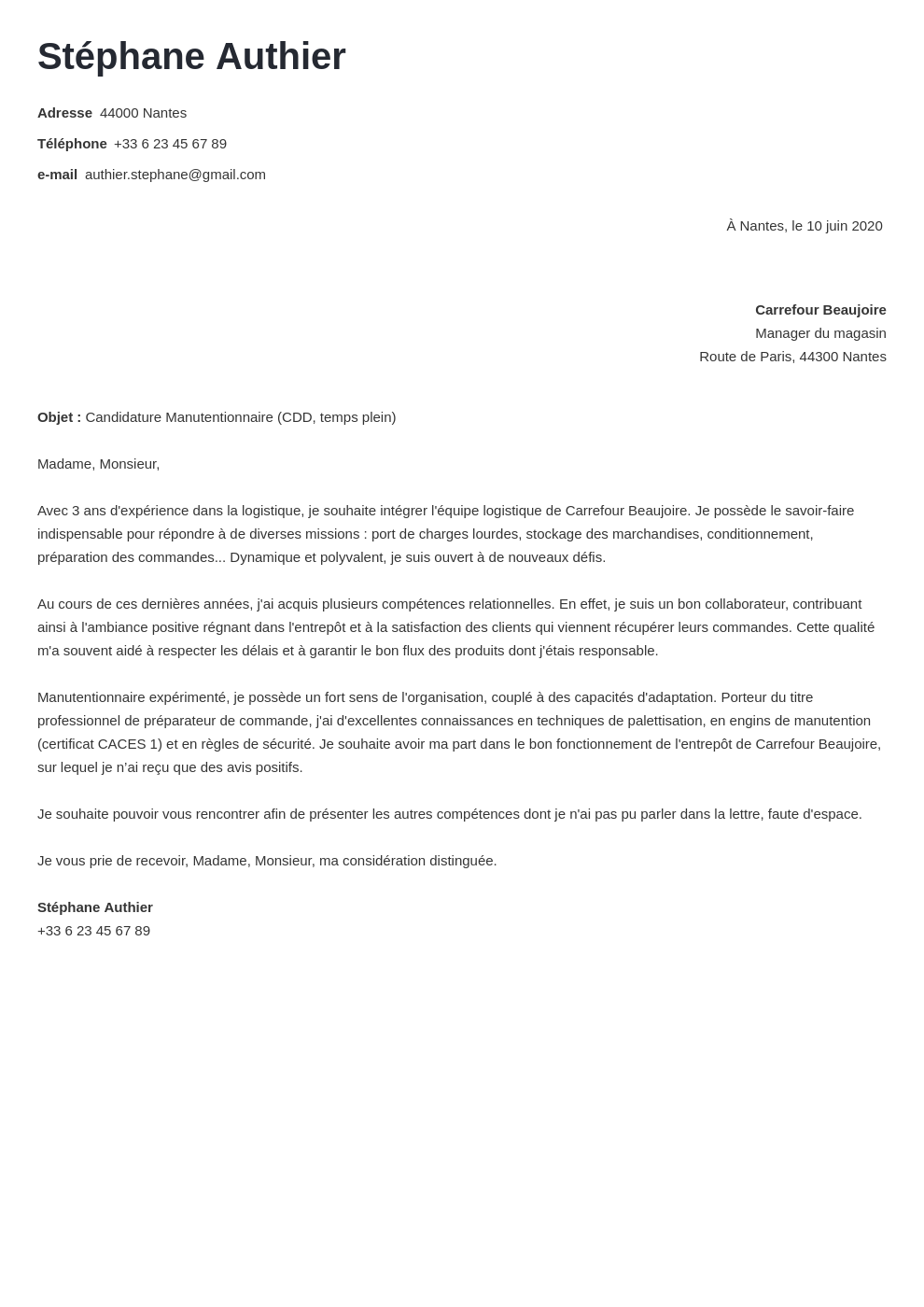 Exemple lettre de motivation manutentionnaire débutant/expert