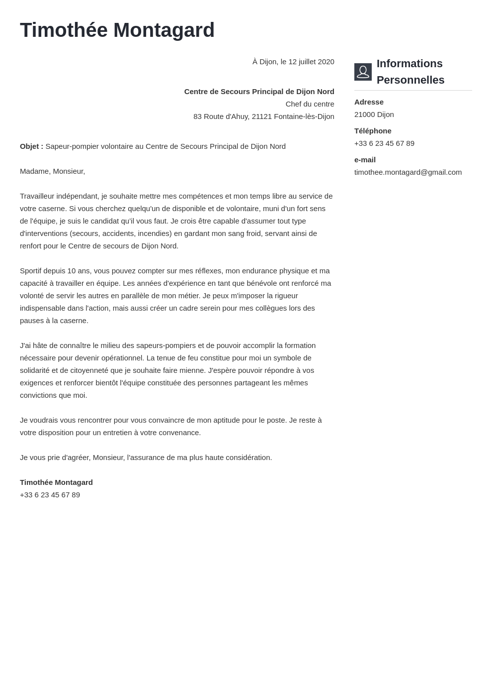 Exemple lettre de motivation sapeur-pompier volontaire JSP/SPV
