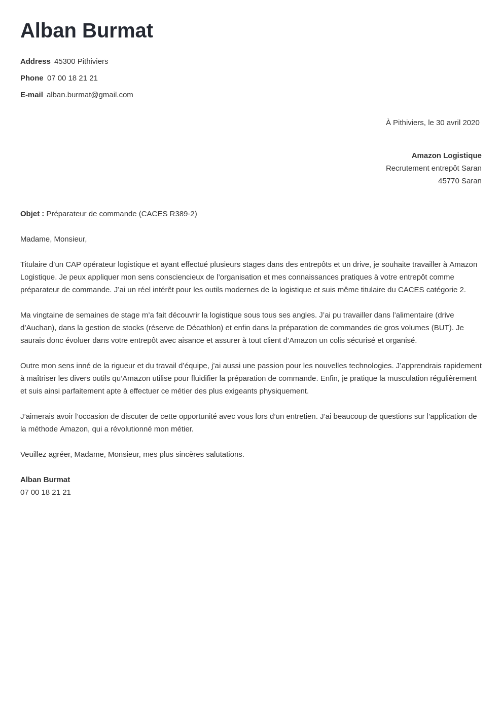 Lettre De Motivation Préparateur De Commande Spontanée