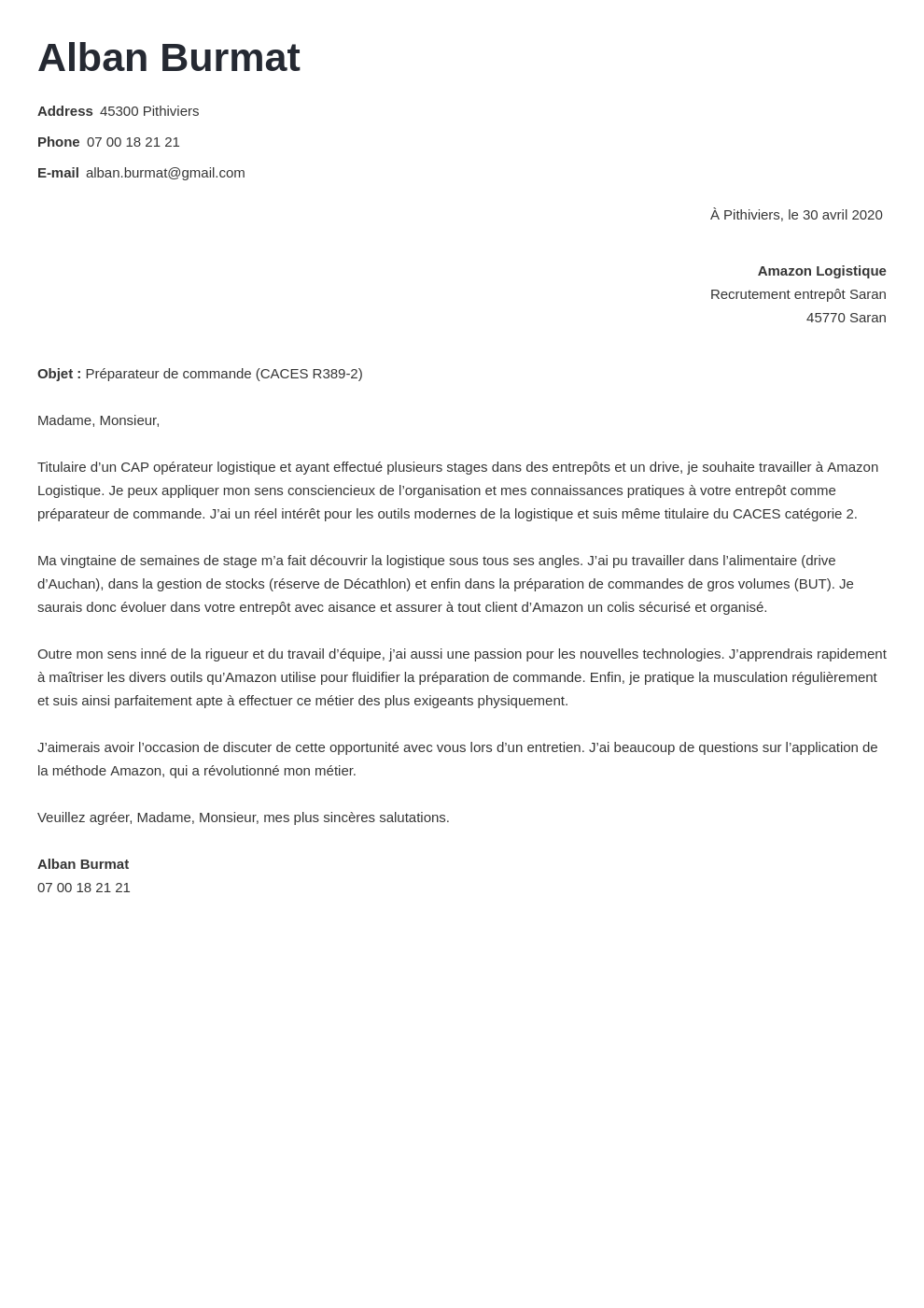 Lettre de motivation préparateur de commandes [exemple]