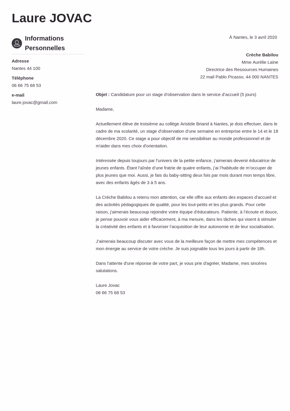 Lettre De Motivation Stage 3eme Exemple Free Word Template