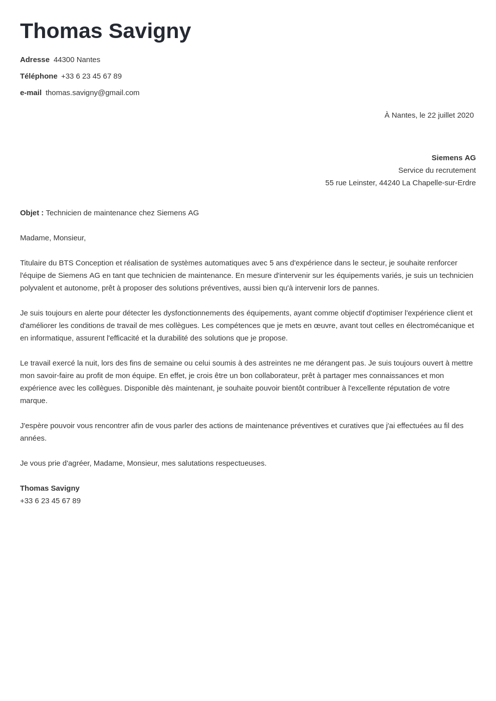 Exemple de lettre de motivation technicien/ne de maintenance