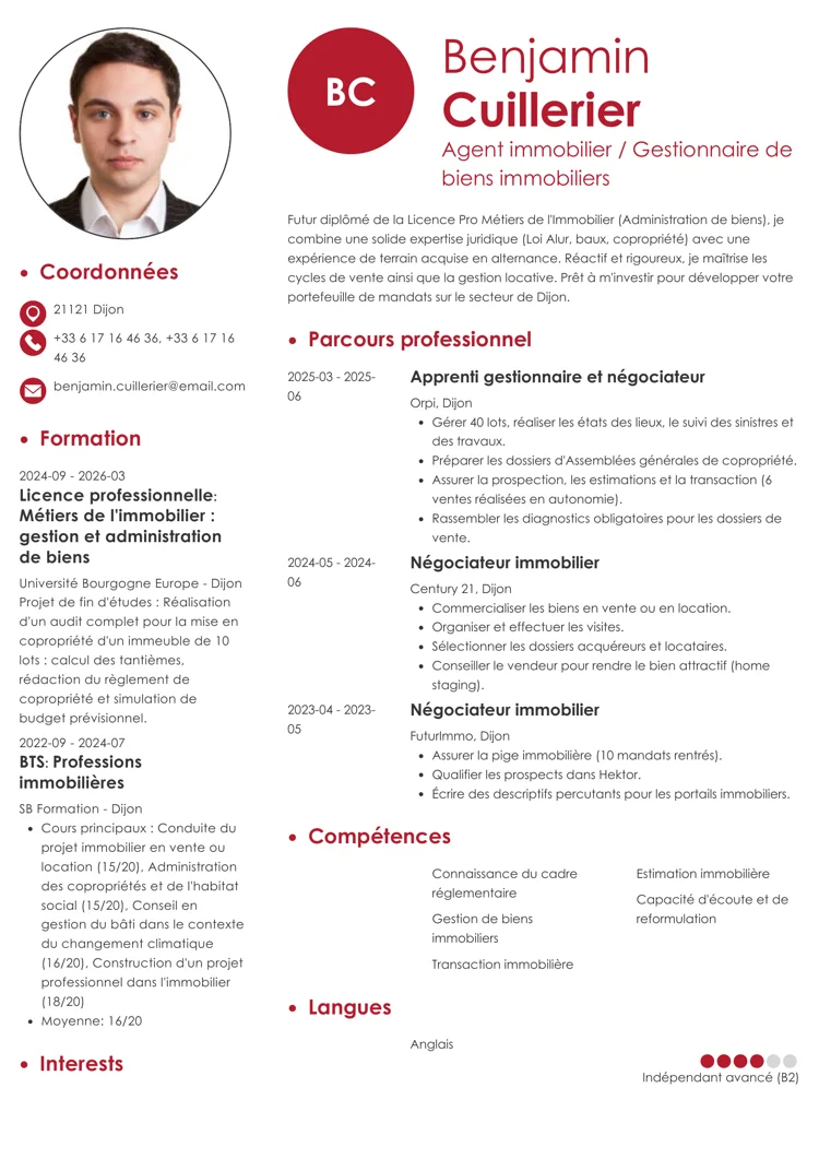 modèle de CV agent immobilier avec éléments graphiques en arrière plan et titres de sections en rouge