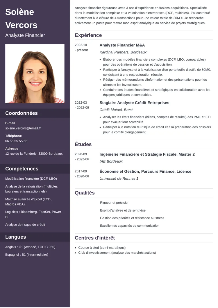 Exemple de CV analyste financier sobre et professionnel