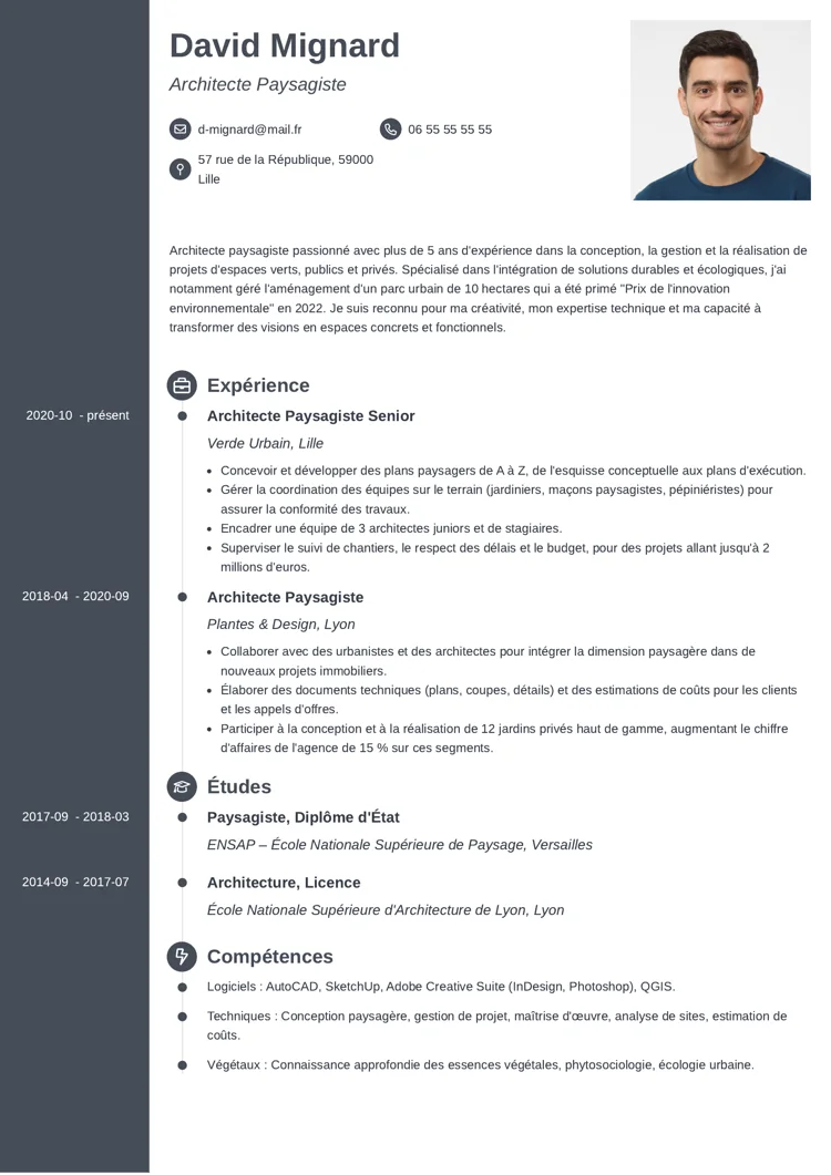 exemple de CV architecte paysagiste sur deux colonnes avec dominante verte