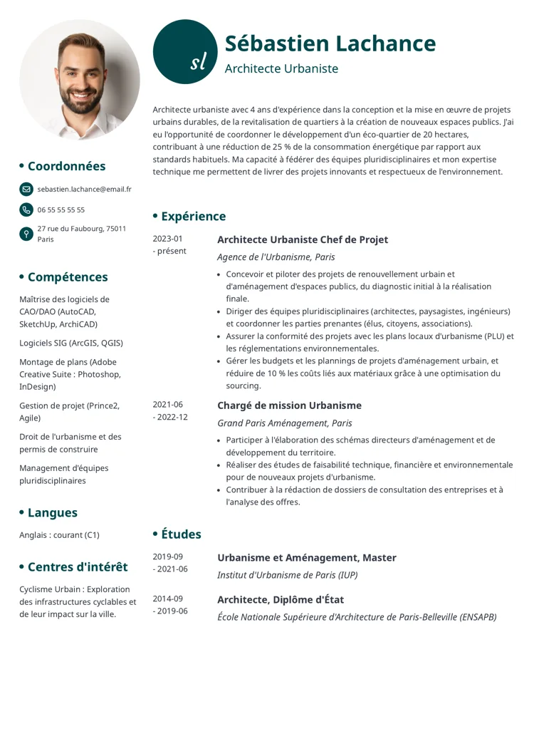 exemple de CV architecte urbaniste avec photo ronde et titres en bleu