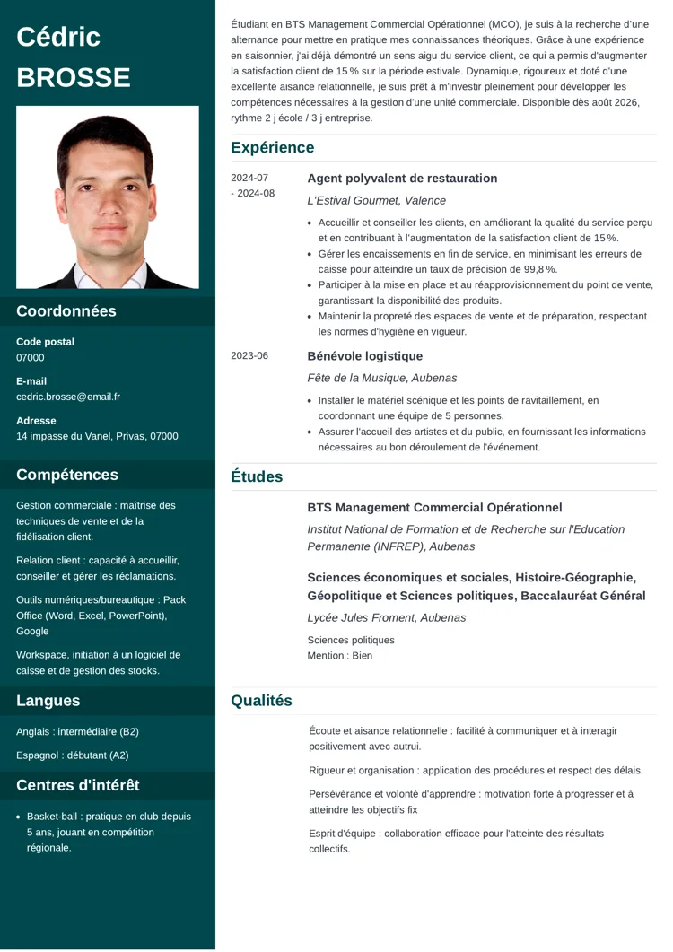 exemple de cv bts alternance avec photo et colonne