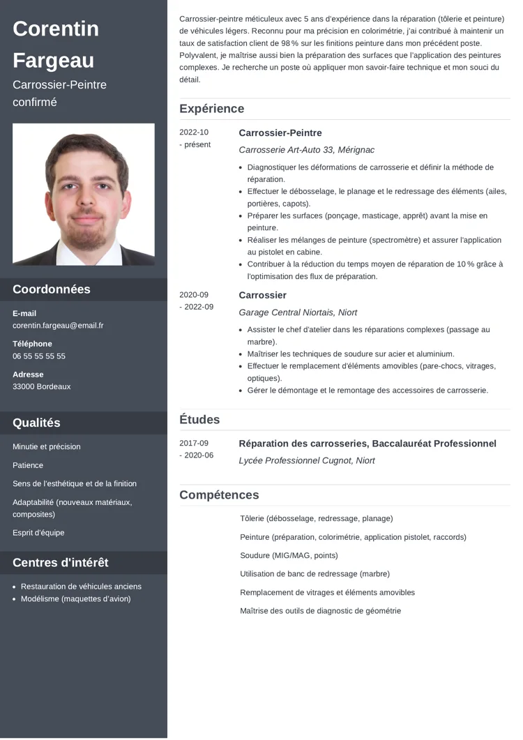 Exemple de CV carrossier sobre et professionnel