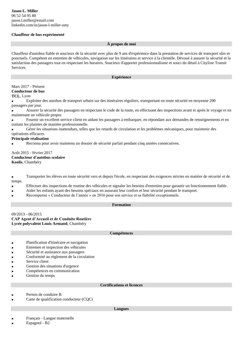 exemple de CV de chauffeur de bus