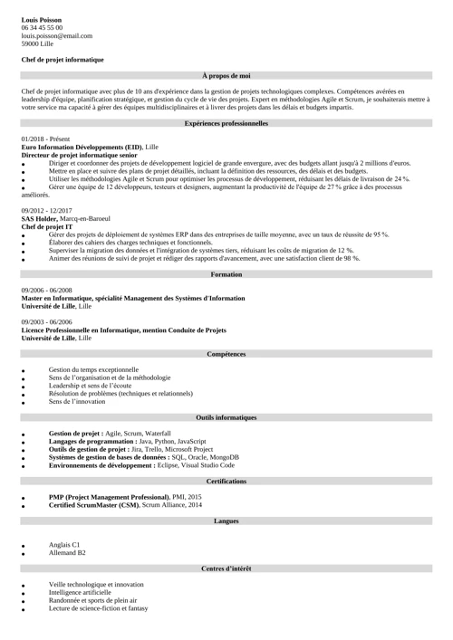 exemple de CV chef de projet informatique