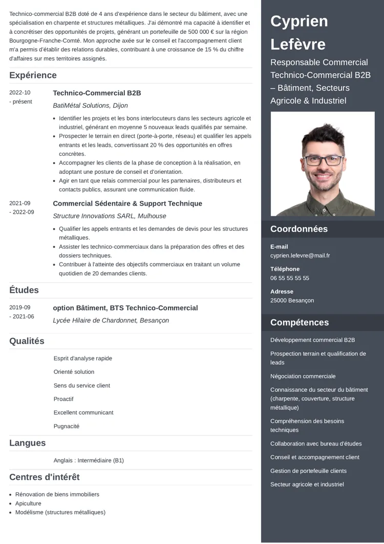 exemple de CV technico-commercial avec photo et une couleur dominante gris nuit