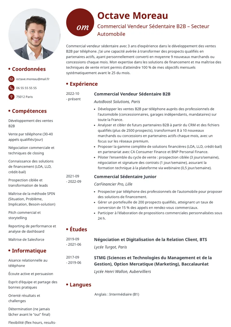 exemple de CV commercial vendeur contemporain avec des icônes, initiales et photo ronde