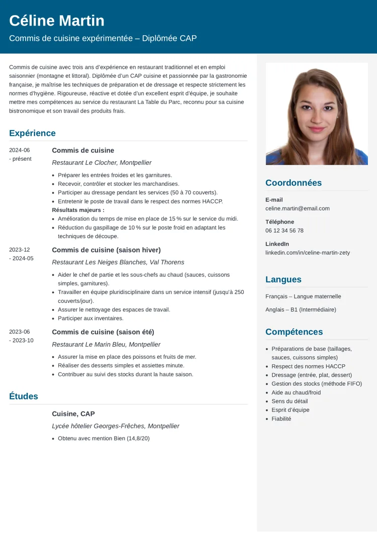 Exemple de CV de commis de cuisine avec photo et en-tête bleu turquoise