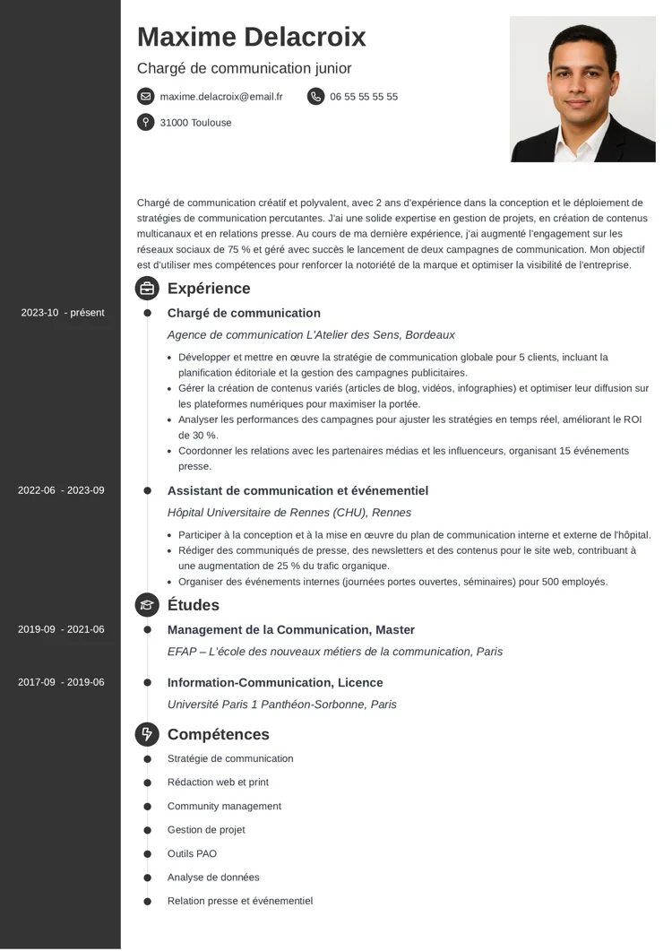 exemple de CV communication minimaliste avec photo et tons sobres