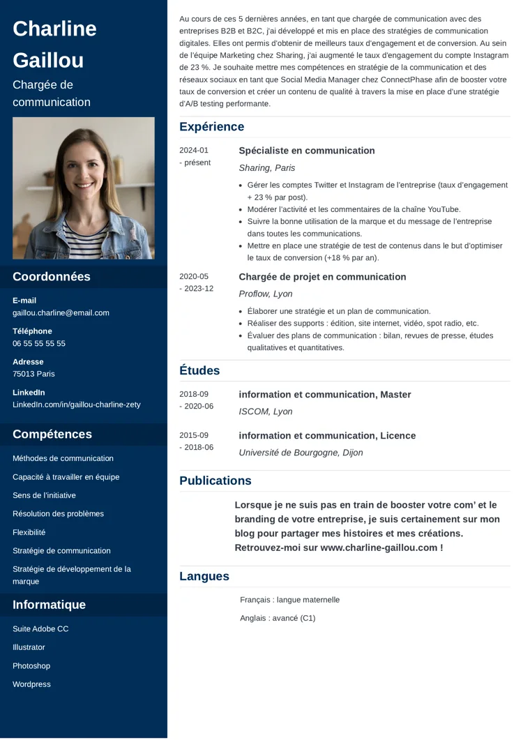 Exemple de CV communication avec photo et colonne gris foncé