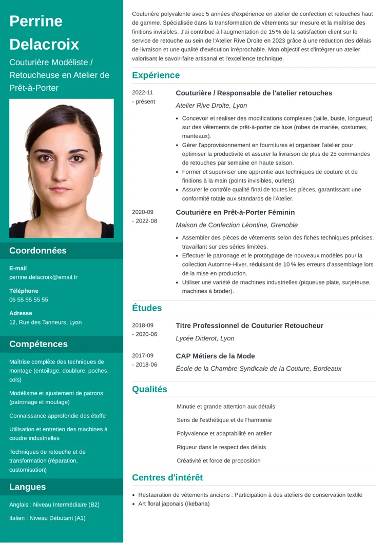 Exemple de CV de couturière avec photo et colonne