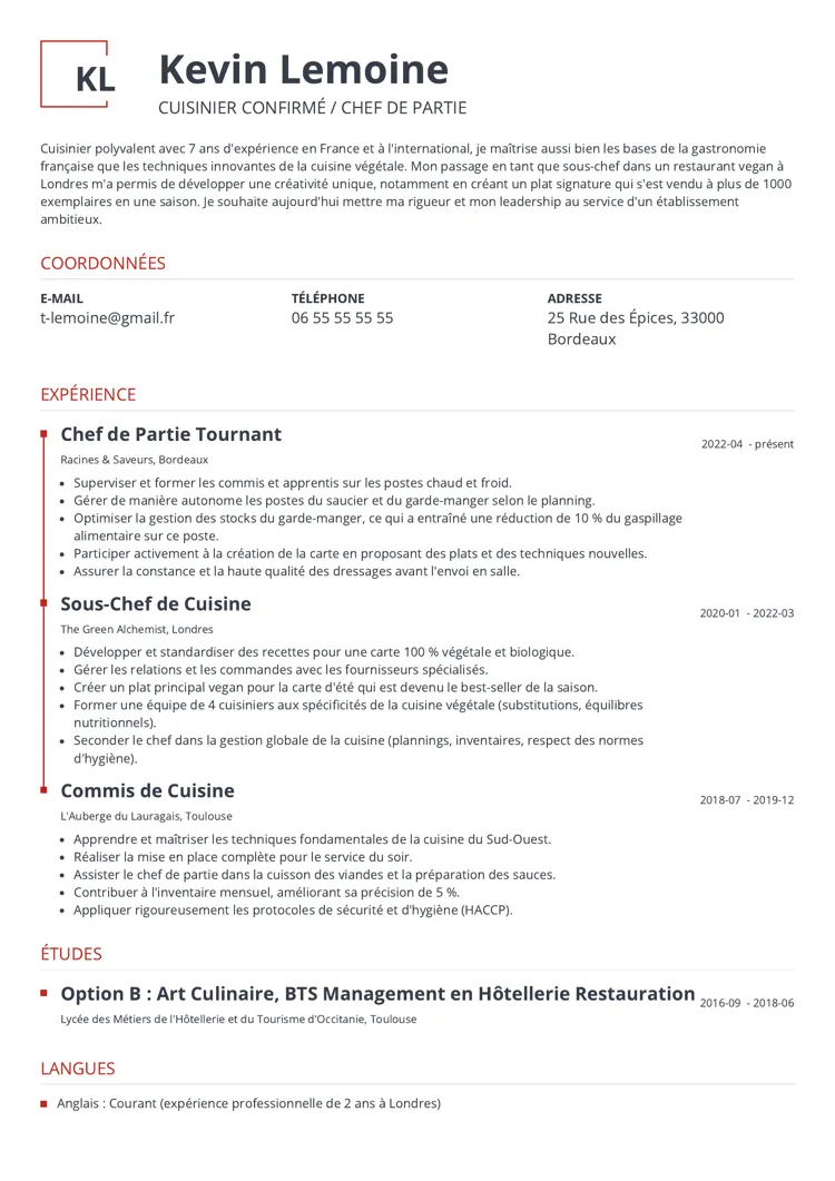 Exemple de CV cuisinier expérimenté