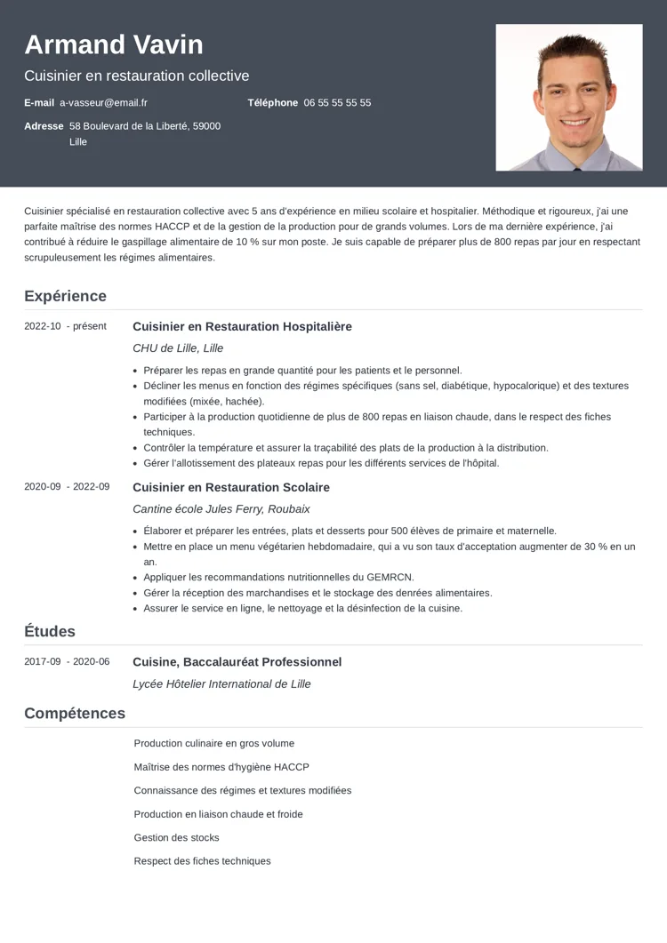 Exemple de CV cuisinier collectivité