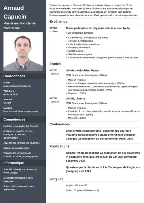 Exemple de CV doctorat avec photo et colonne latérale gris foncé