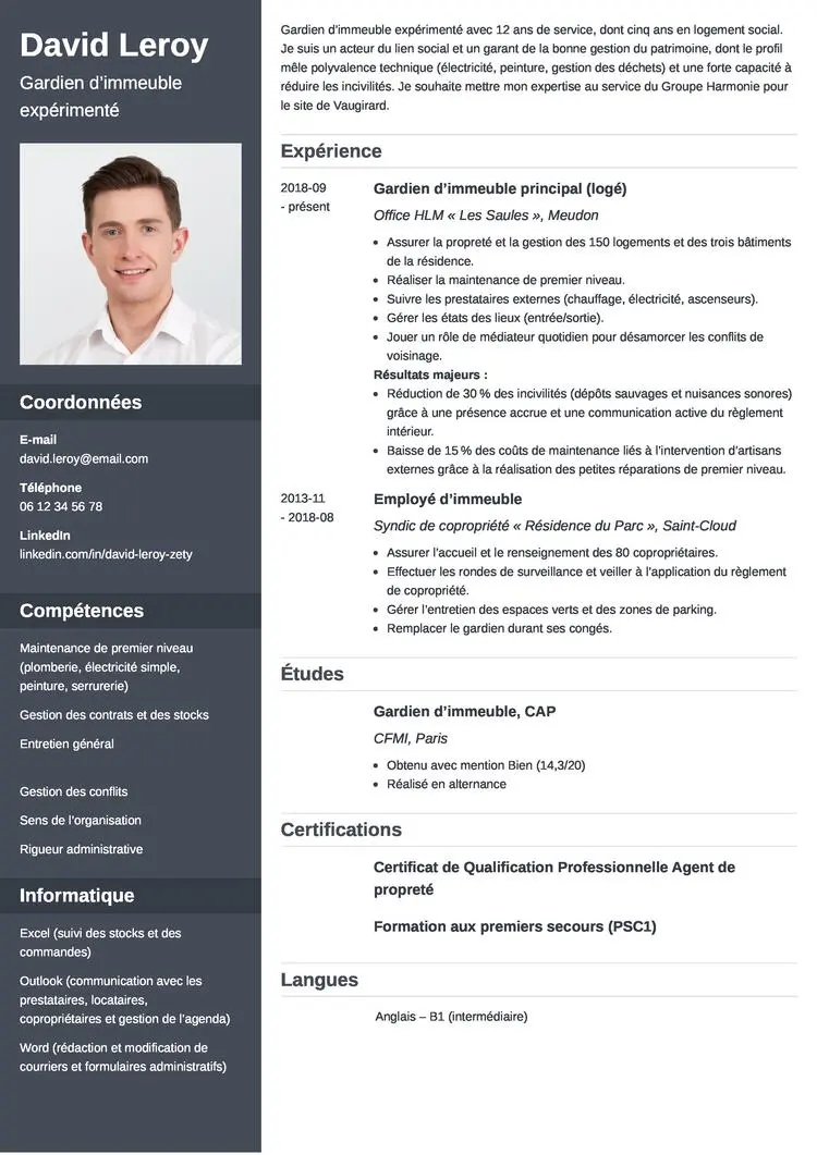 Exemple de CV de gardien d’immeuble avec photo et colonne gris foncé