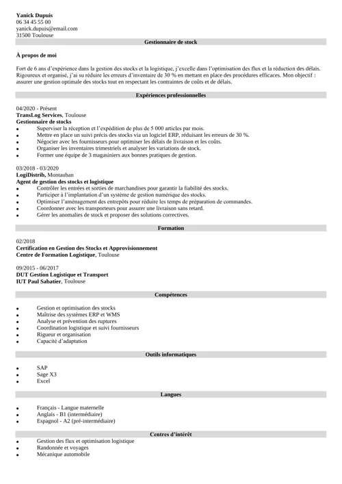 exemple de CV de gestionnaire de stock