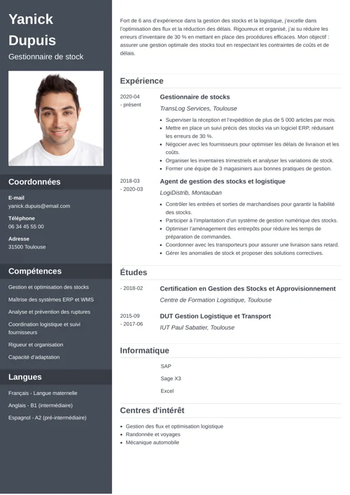 exemple de CV de gestionnaire de stock