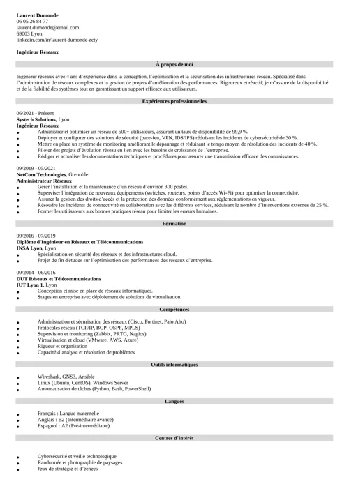 Un exemple de CV d'ingénieur réseaux