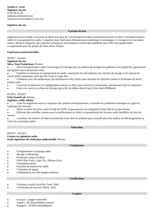 Un exemple de CV pour un ingénieur du son