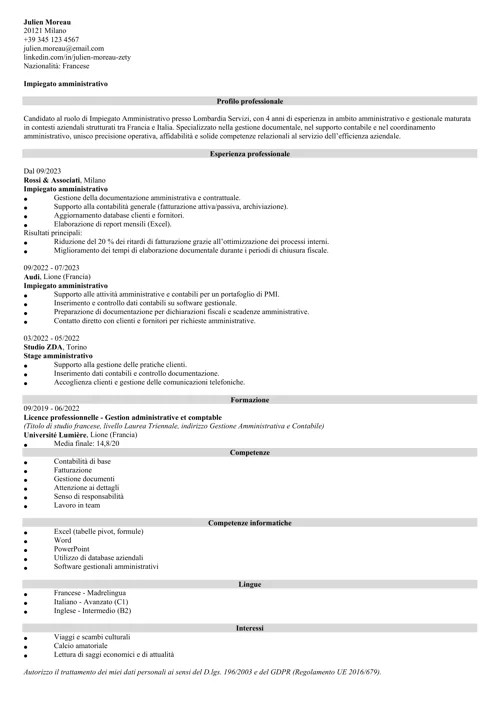 Exemple de CV italien sans photo, en noir et blanc